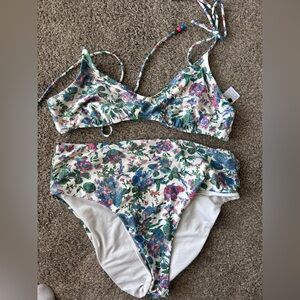 J. Crew White Floral Tie Bikini with Blue, Pink & Green Print